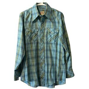 Vintage Sand & Sage Blue Plaid‎ Pearl Snap Shirt Men's Measured Western Country